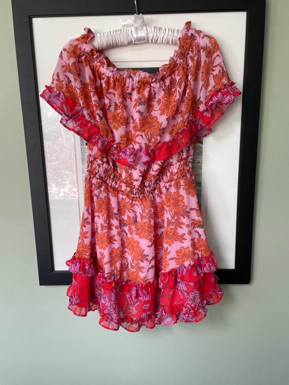 NWT - Jessica Simpson Pink Dress with Orange Floral and Red Ruffle Trim- -XS-